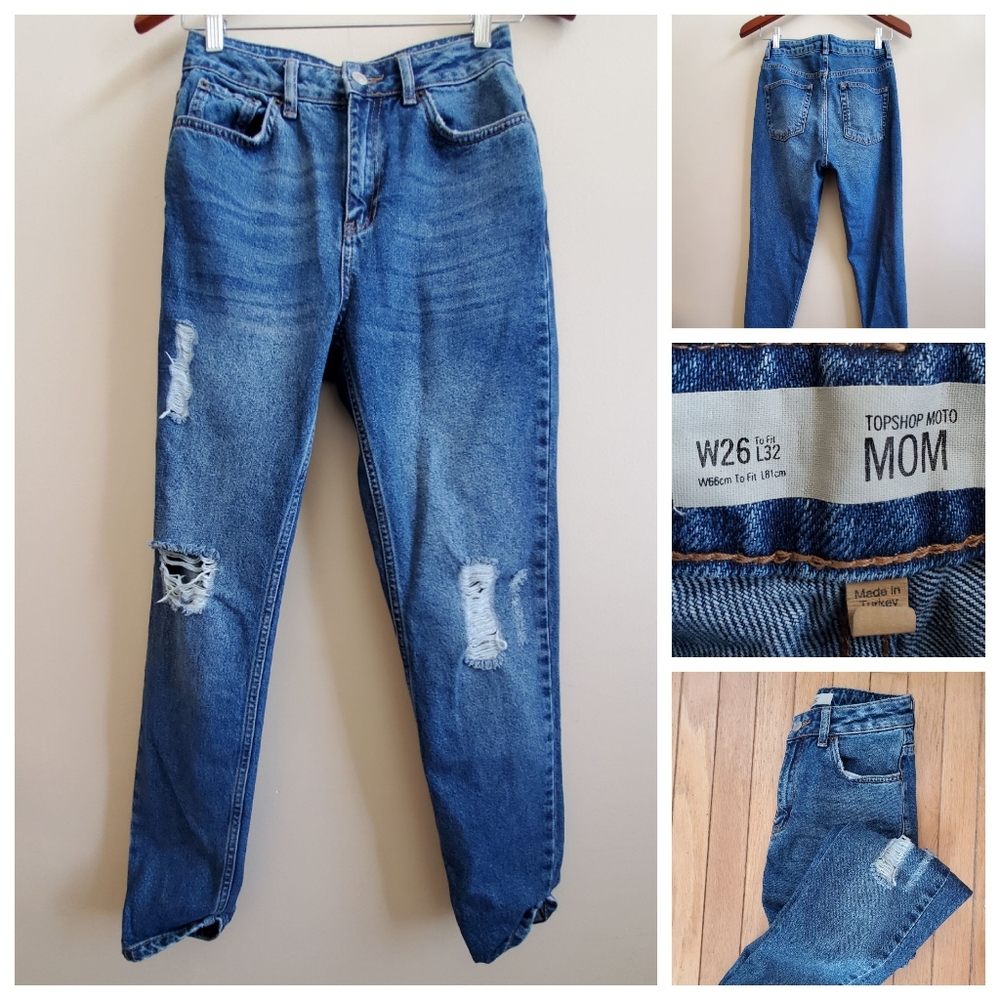 TOPSHOP High Rise / High Waist MOM Jean with distressed details W26 L32